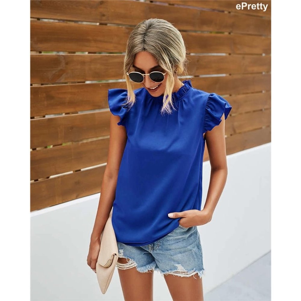 Mock Neck Ruffle Short Sleeve Blouse Multiple Sizes Royal Blue